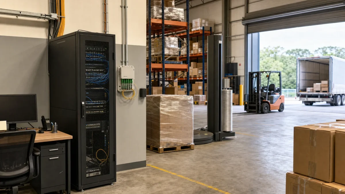 A warehouse office edge includes a network cabinet and fibre entry point for zakelijk internet.