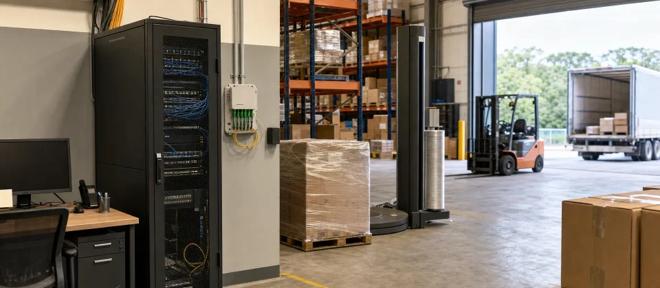 A warehouse office edge includes a network cabinet and fibre entry point for zakelijk internet.