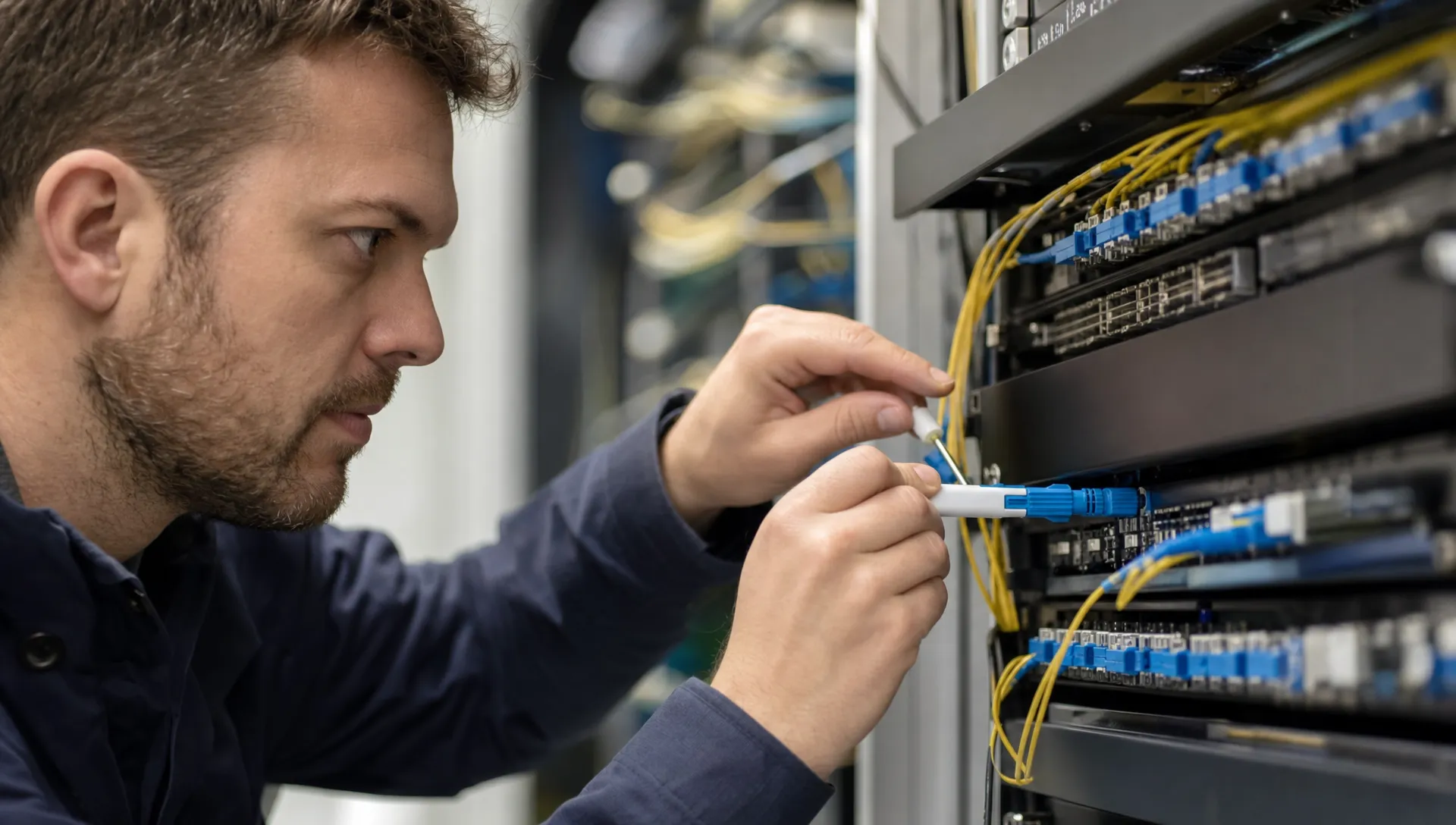 Close-up van een monteur die een glasvezelconnector reinigt en in een patchpaneel plaatst in een technische ruimte, met vezelbundels en patchkabels eromheen.