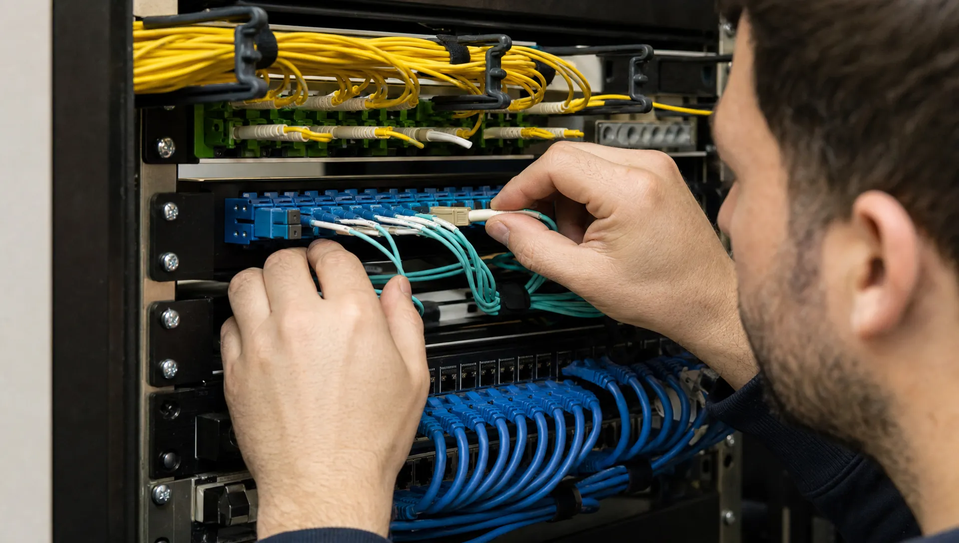 Close-up van een patchveld in een technisch rack, met een monteur die een connector plaatst tussen vezelbundels en patchkabels.