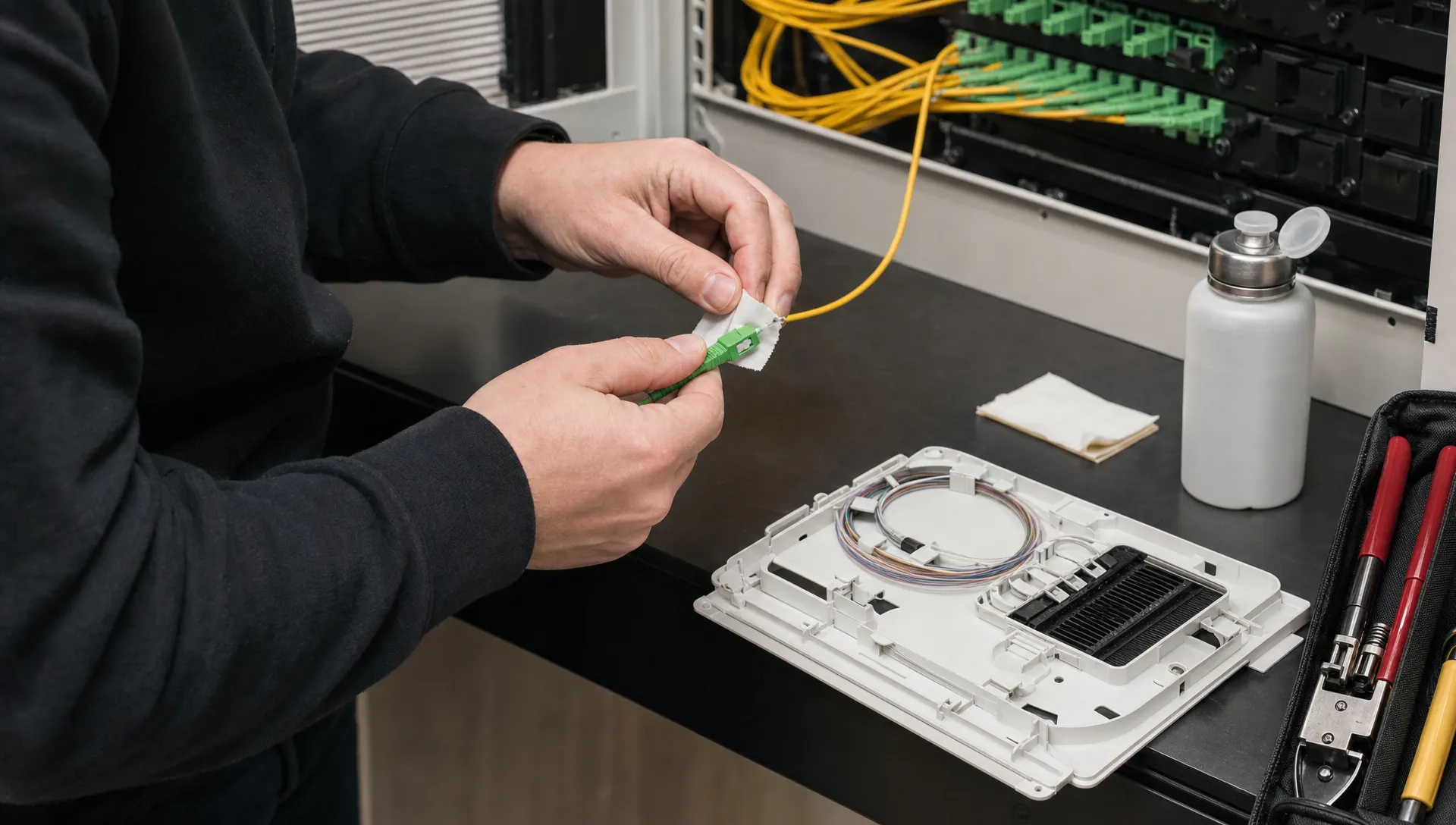 Close-up van handen die een glasvezelconnector reinigen en plaatsen in een technische ruimte van een kantoor, met vezelbundels, een open lascassette en gereedschap op een werkblad.