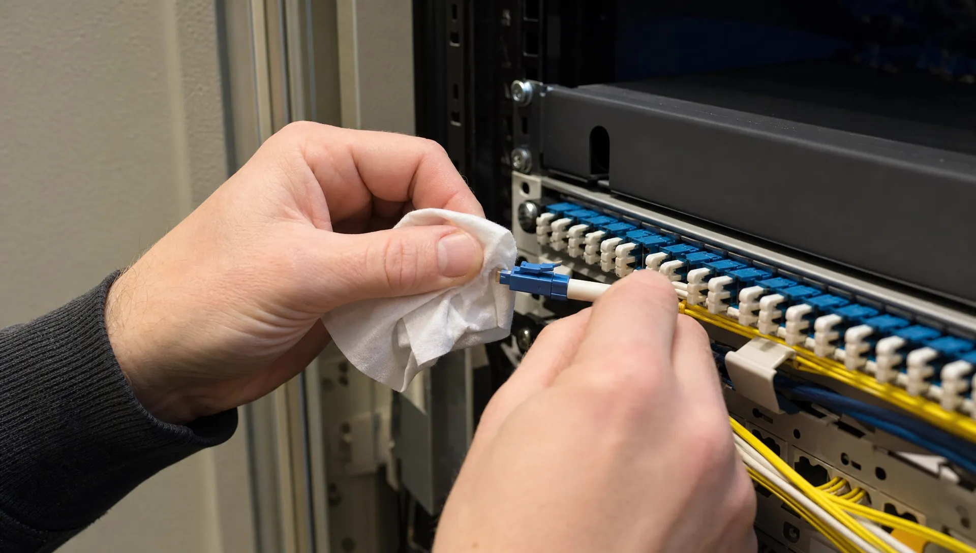 Close up van handen die een glasvezelconnector reinigen en plaatsen in een patchpaneel in een technische ruimte in Tilburg.