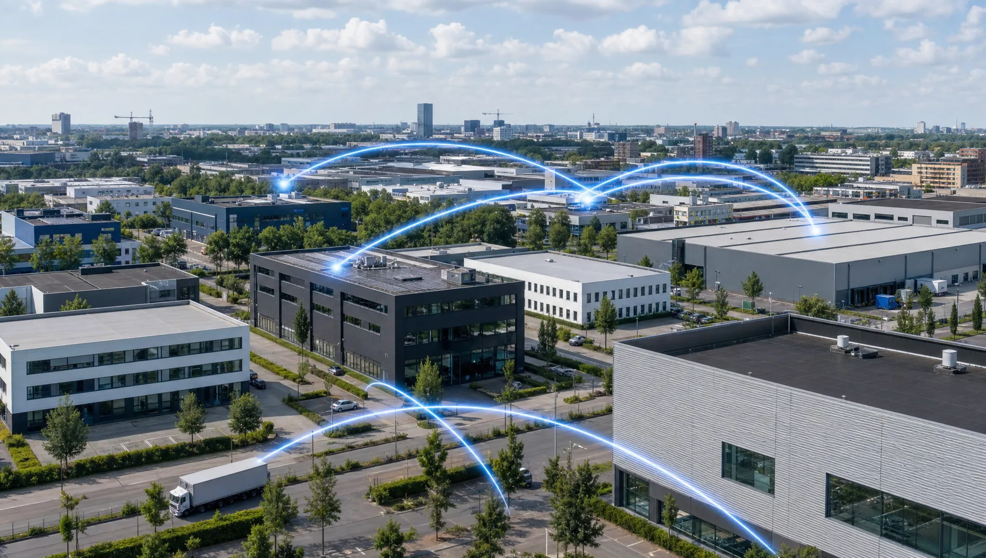 Een bedrijventerrein in Tilburg met meerdere gebouwen die via glasvezel met elkaar verbonden zijn.