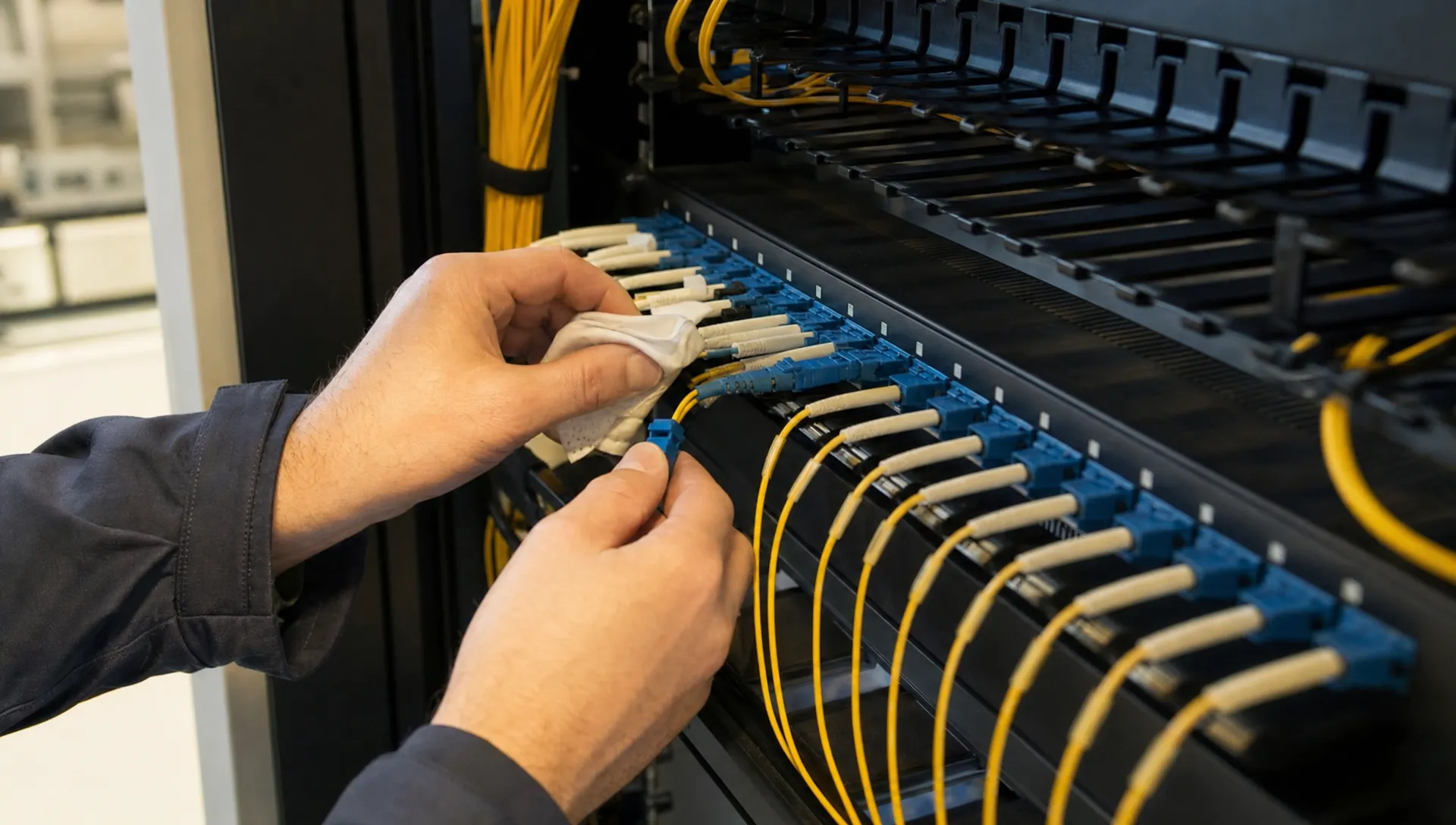 Een close-up van handen die een glasvezelconnector reinigen en plaatsen in een patchpaneel voor internet en telefoon zakelijk, met gebundelde vezels en nette patchkabels in een technische ruimte.