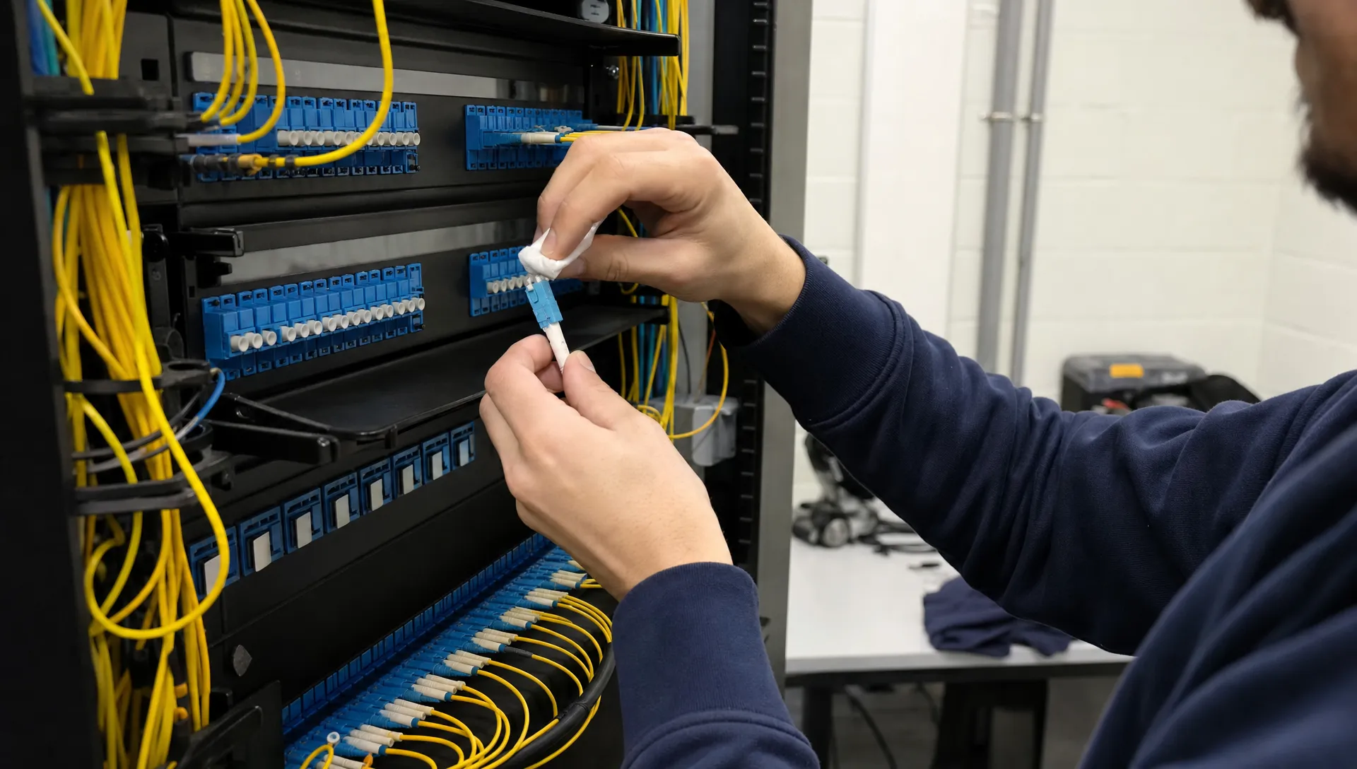 Een glasvezelconnector wordt gereinigd en aangesloten in een patchveld in een technische ruimte in Tilburg.