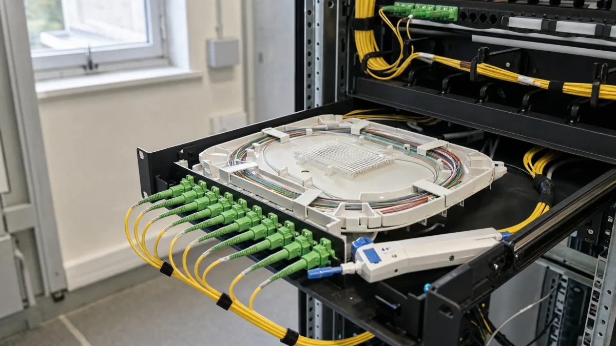 Een glasvezelsplice en patchveld in een technische ruimte tonen de basis voor zakelijke glasvezel.