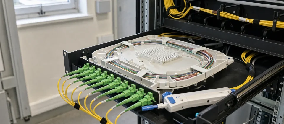 Een glasvezelsplice en patchveld in een technische ruimte tonen de basis voor zakelijke glasvezel.