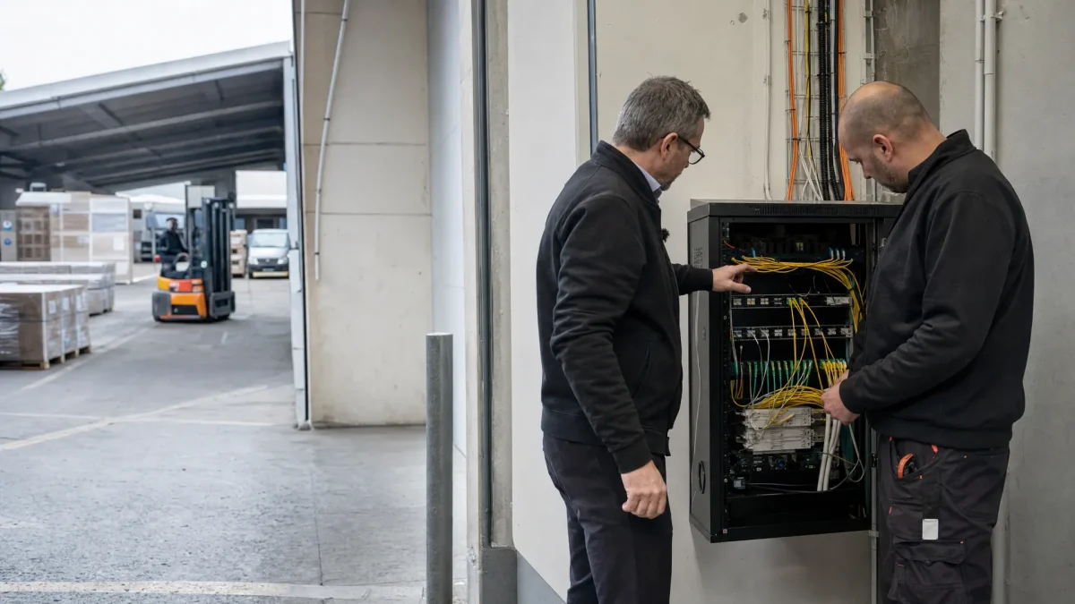 Een ICT-manager en technicus bekijken samen de glasvezelaansluiting bij een laadzone in een bedrijfspand.