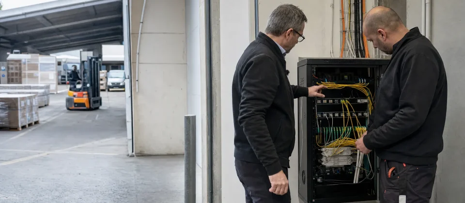 Een ICT-manager en technicus bekijken samen de glasvezelaansluiting bij een laadzone in een bedrijfspand.