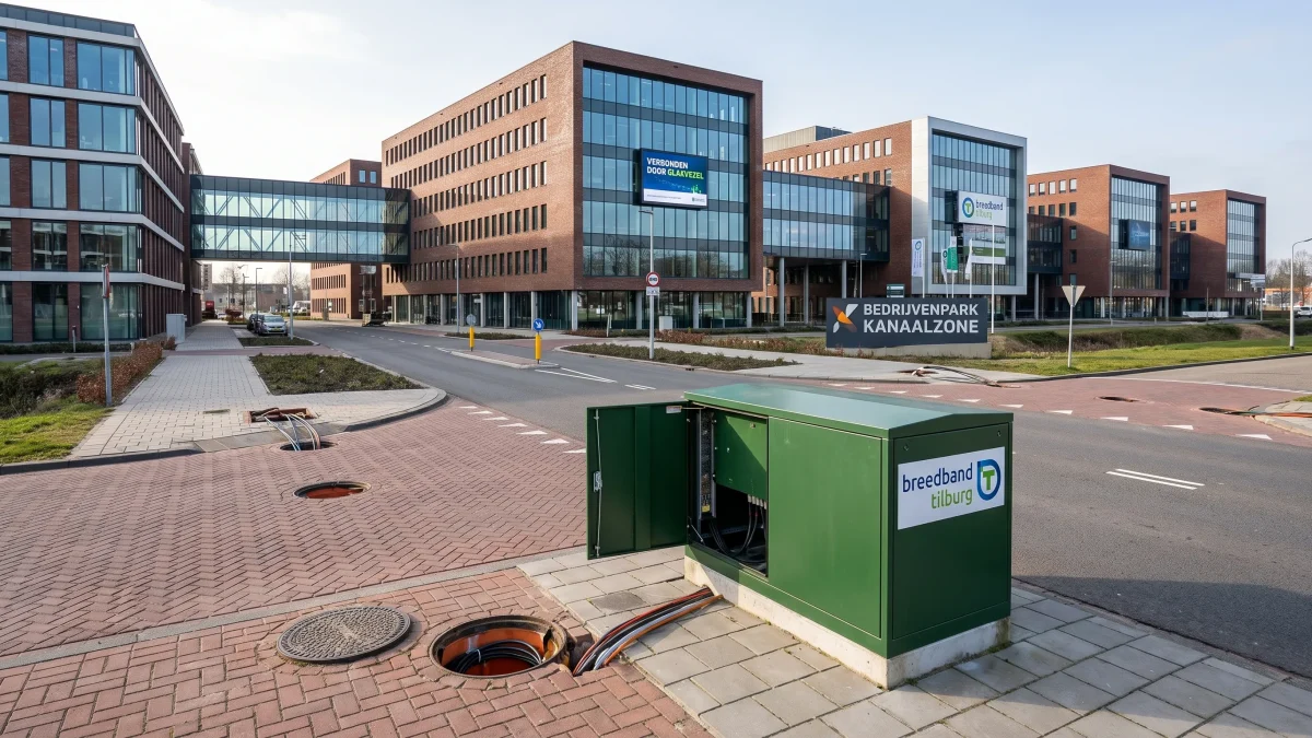 Een modern kantoorgebied in Tilburg met meerdere verbonden gebouwen en zichtbare glasvezelpuntjes bij de straat.