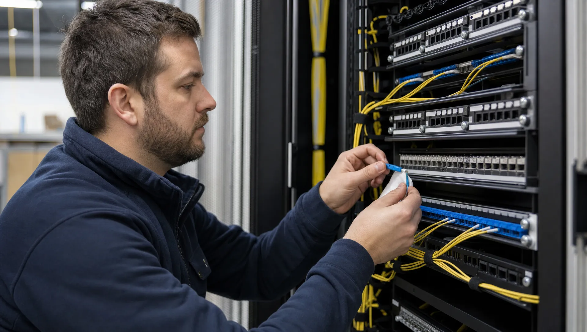 Een monteur reinigt een glasvezelconnector en plaatst die in een patchpaneel in een technische ruimte, met vezelbundels en patchkabels eromheen.