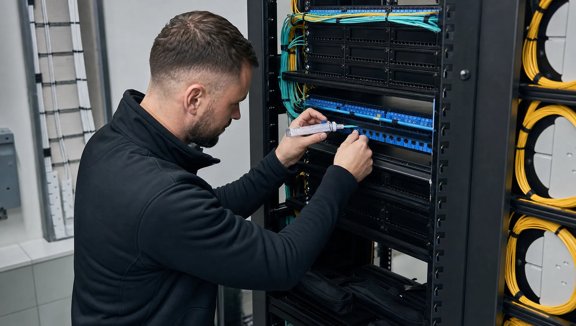 Een monteur reinigt en plaatst een glasvezelconnector in een patchpaneel in een technische ruimte in Tilburg, met gebundelde vezels en een nette rackopstelling voor een dark fiber verbinding.