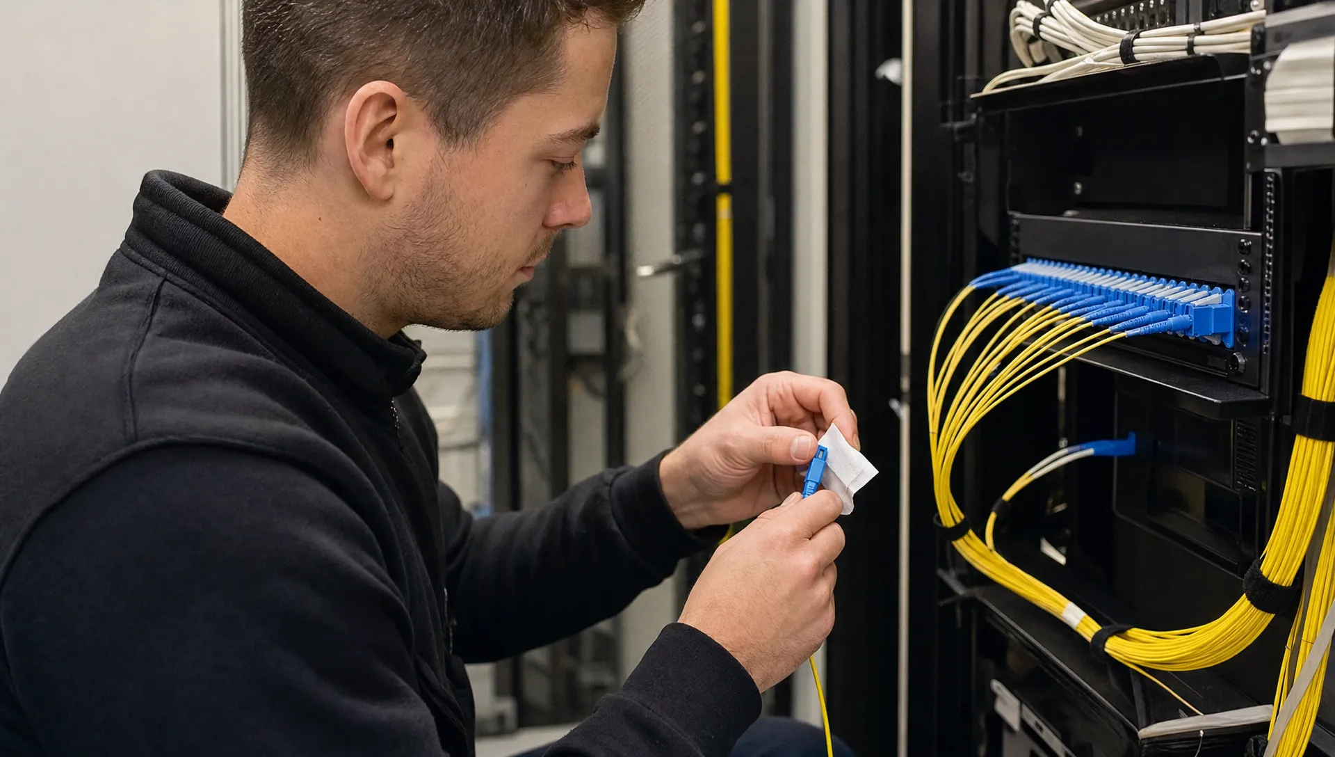 Een monteur reinigt en plaatst een glasvezelconnector in een technische ruimte van een bedrijfsgebouw in Tilburg, met zicht op een compact patchveld en netjes gebundelde vezels.