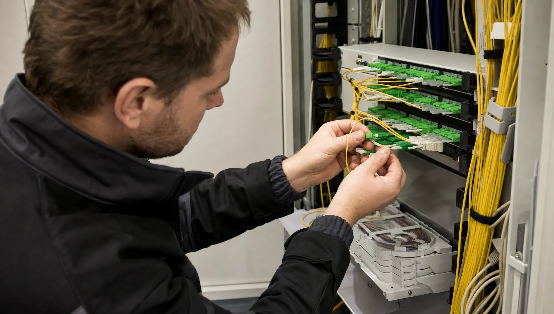 Een monteur reinigt en plaatst een glasvezelconnector in een compacte technische ruimte, met vezelbundels en een patchveld eromheen.