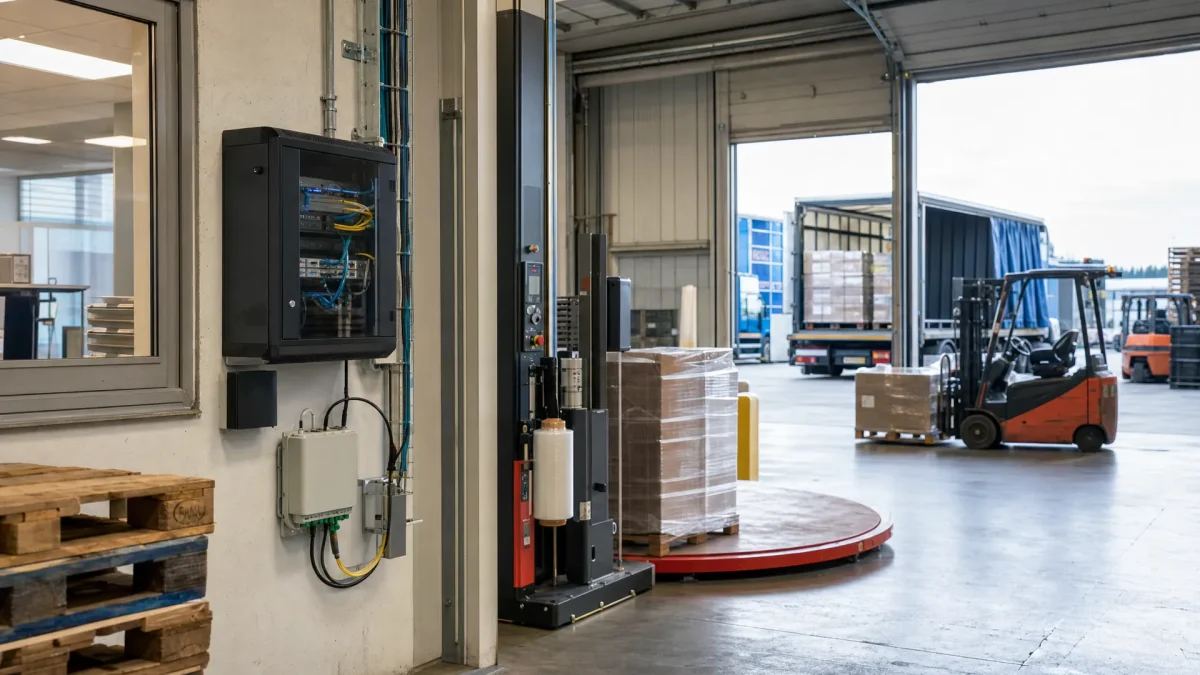 Een netwerkcabinet en glasvezel-ingang staan naast pallets en een laadperron in een druk logistiek bedrijf.
