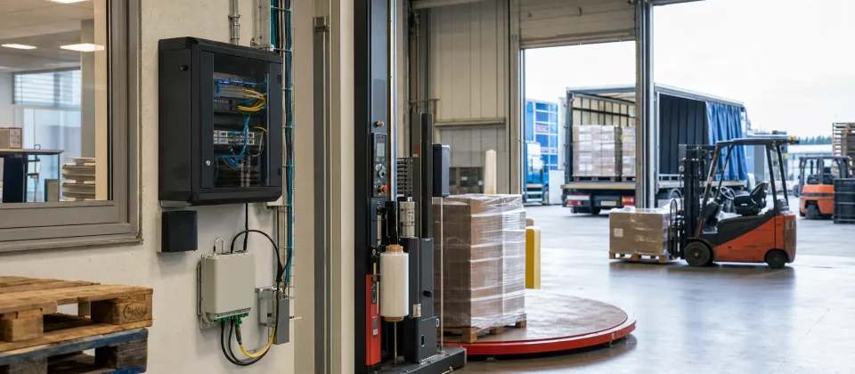 Een netwerkcabinet en glasvezel-ingang staan naast pallets en een laadperron in een druk logistiek bedrijf.