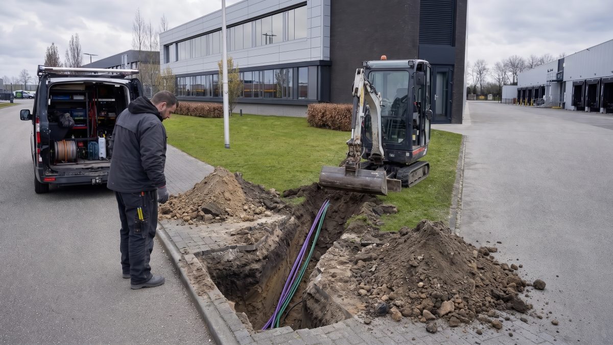 Een open fiber handhole bij een kantoor op een Tilburgs bedrijventerrein, met een technicus en een zichtbare route naar het gebouw.