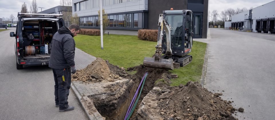 Een open fiber handhole bij een kantoor op een Tilburgs bedrijventerrein, met een technicus en een zichtbare route naar het gebouw.