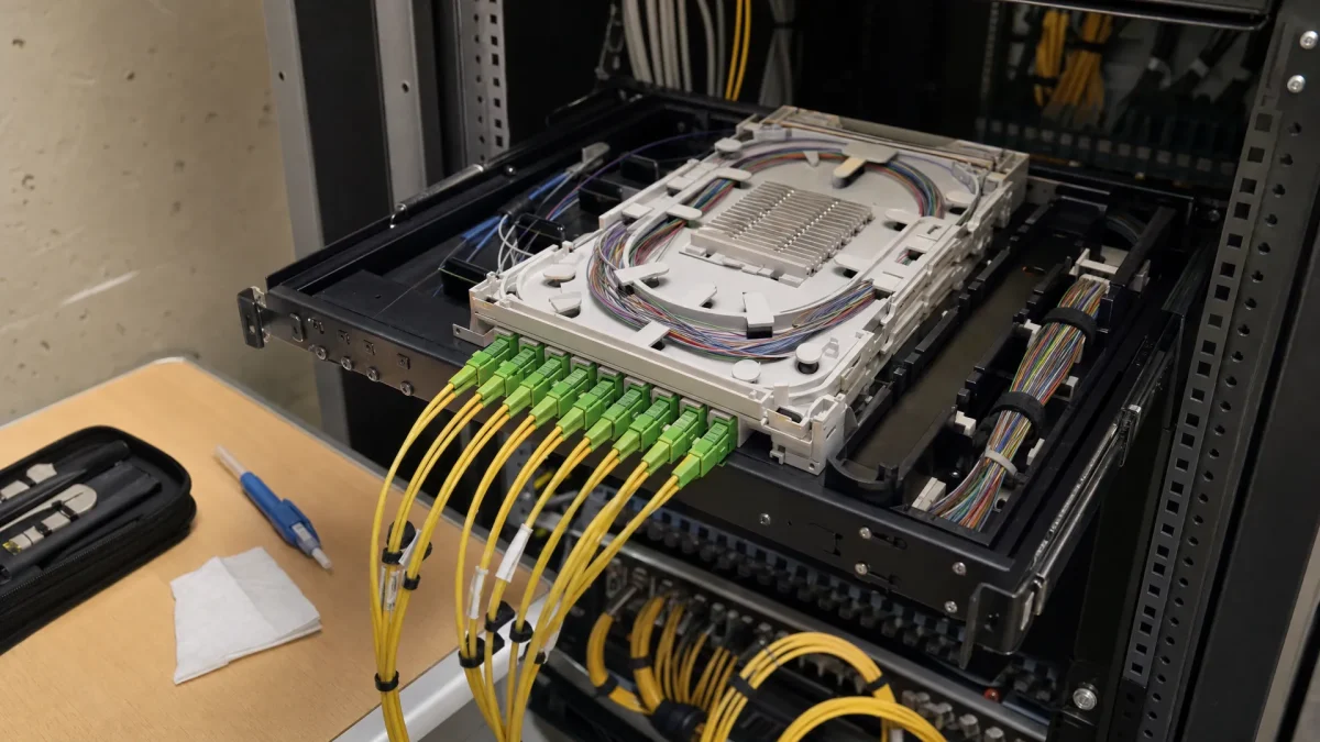 Een open rack met een glasvezel-splice tray, patchkabels en een reinigingsgereedschap in een technische ruimte.