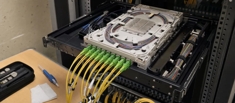Een open rack met een glasvezel-splice tray, patchkabels en een reinigingsgereedschap in een technische ruimte.