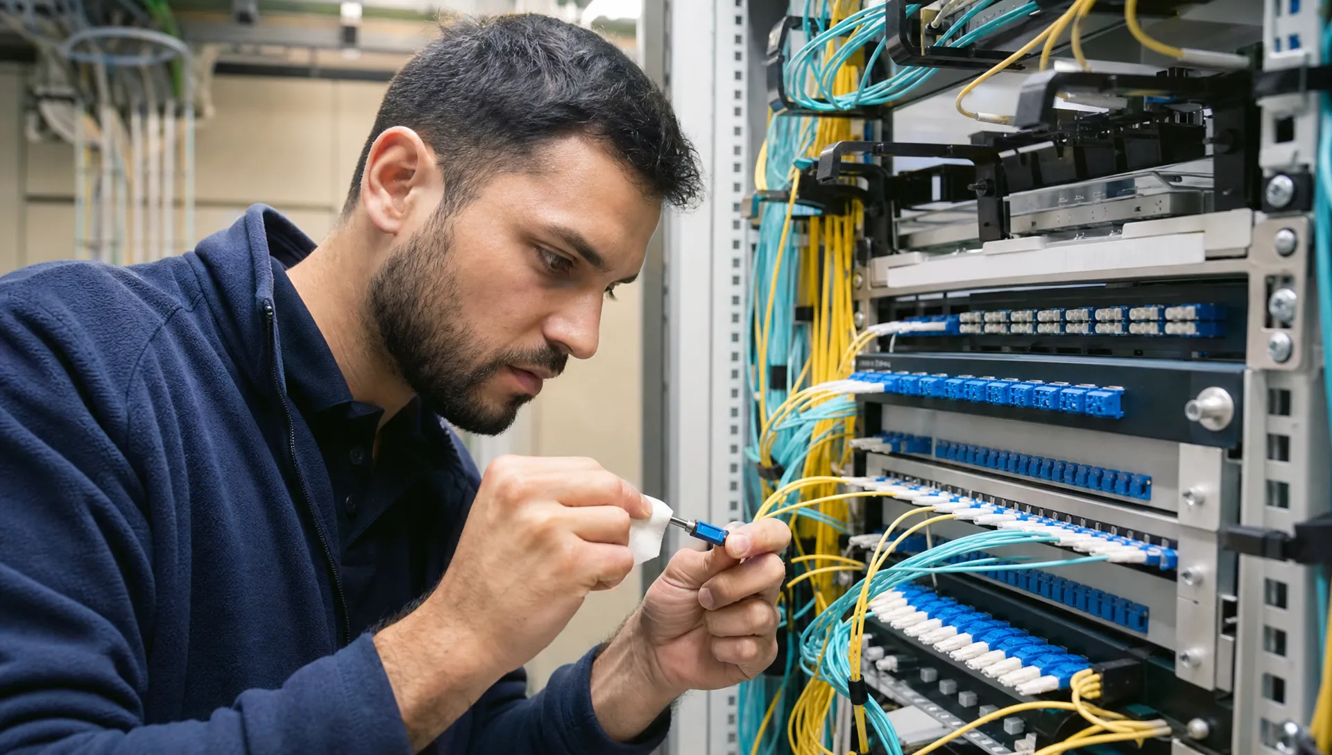 Een technicus reinigt een glasvezelconnector en plaatst die in een patchveld in een technische ruimte, met nette vezelbundels en patchkabels eromheen.