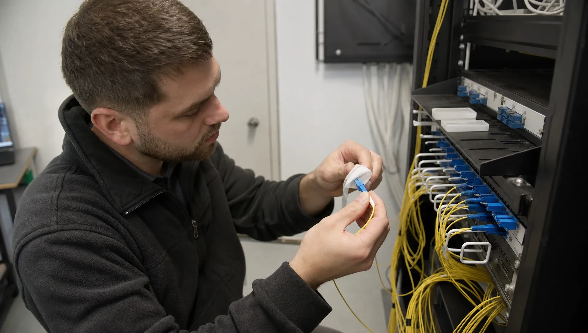 Een technicus reinigt en plaatst een glasvezelconnector in een patchpaneel in een kleine technische ruimte van een bedrijfspand.