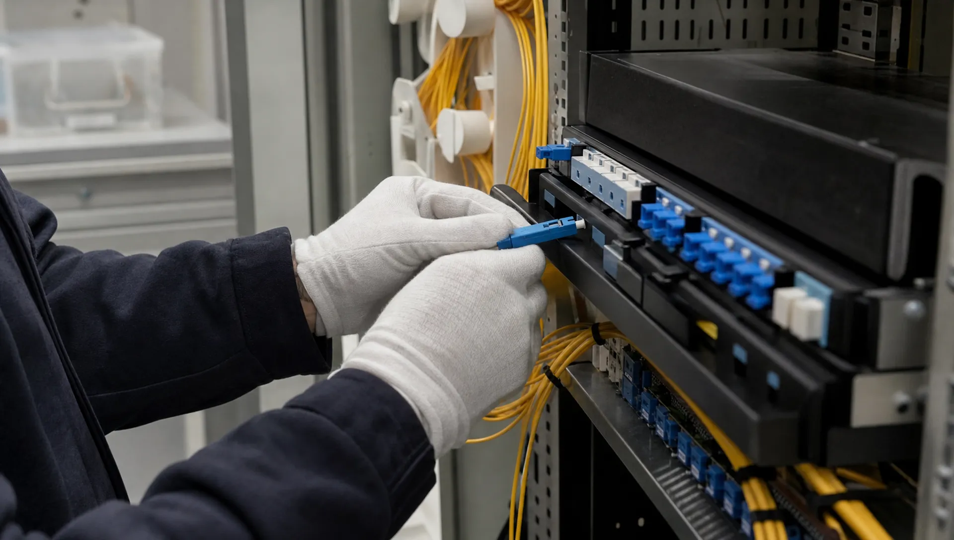 Gloved handen reinigen en plaatsen een glasvezelconnector in een compacte technische ruimte met vezelbundels en patchpanelen.