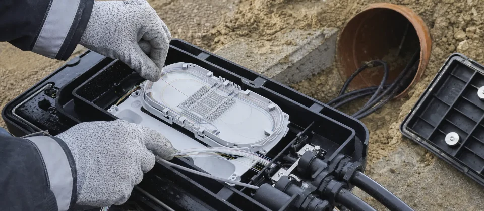 Gloved handen werken in een kabelmof aan een glasvezelverbinding langs een open sleuf.
