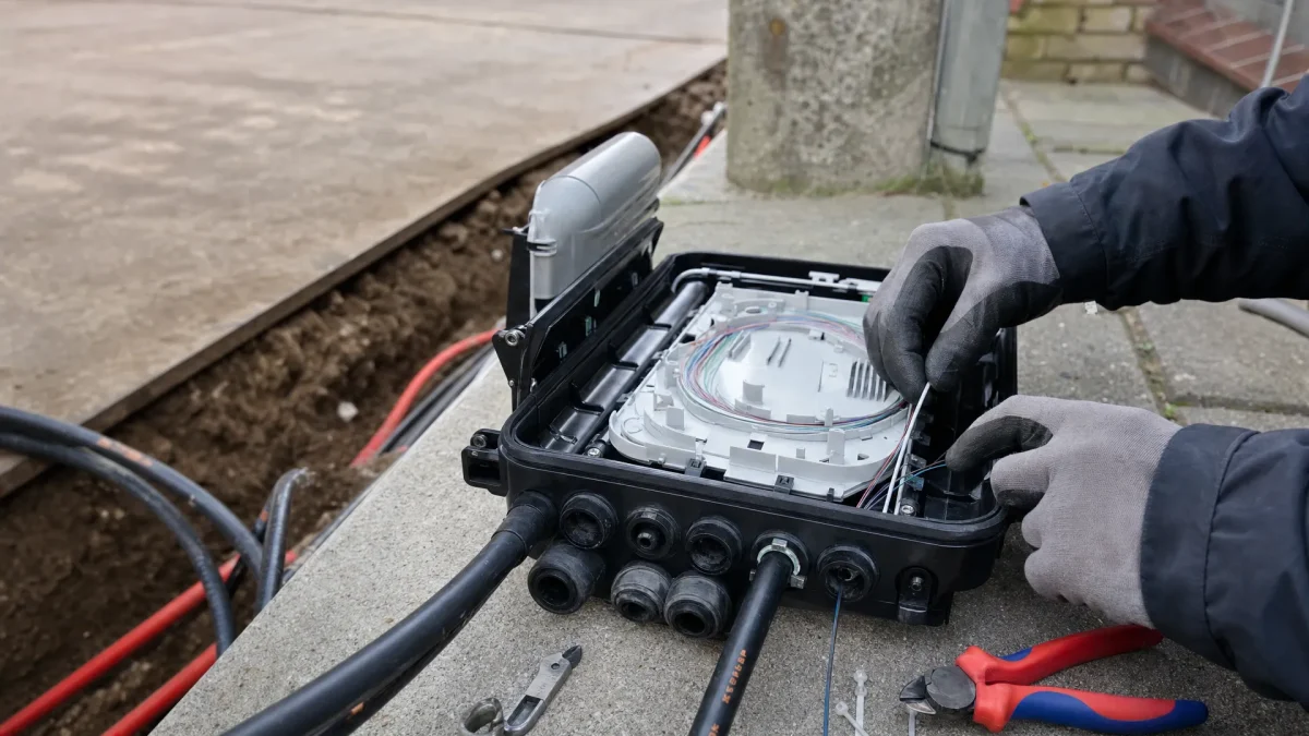 Gloved hands guide fibre into a joint enclosure beside an open duct in Tilburg.