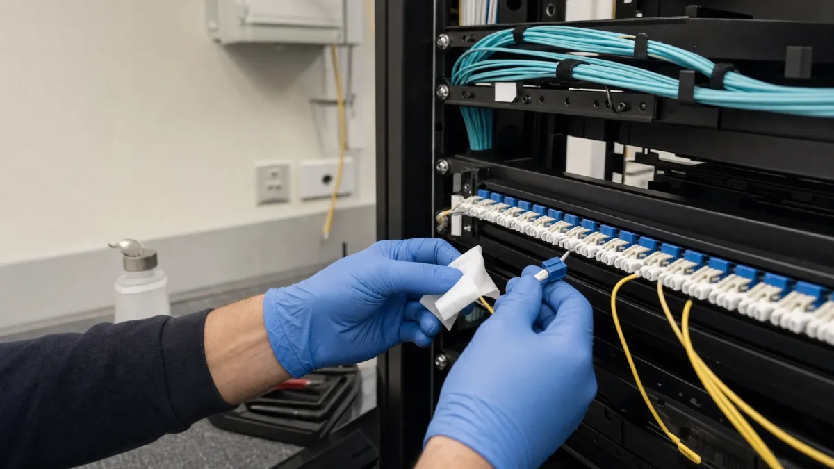 Gloved hands place a fibre connector into a patch panel in a technical room for business internet.