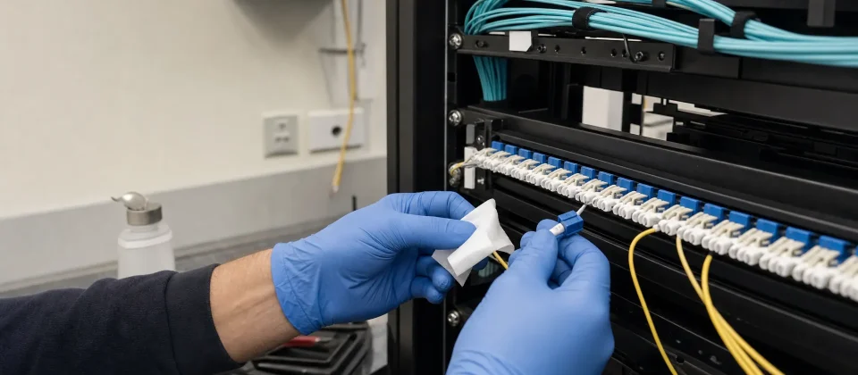 Gloved hands place a fibre connector into a patch panel in a technical room for business internet.