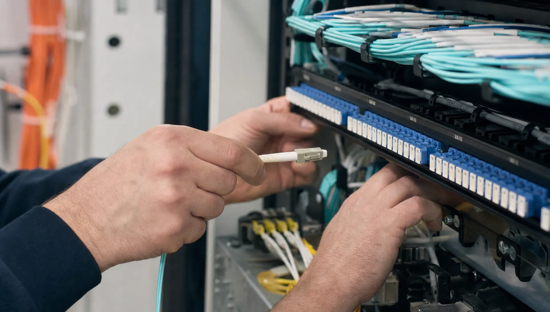 Handen plaatsen een glasvezelconnector in een patchpaneel in een technische ruimte, met vezelbundels en patchkabels eromheen.