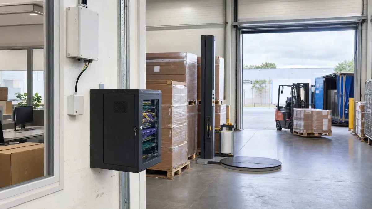 In een magazijnomgeving staat een netwerk kast naast de laadzone als basis voor zakelijk internet en VoIP.