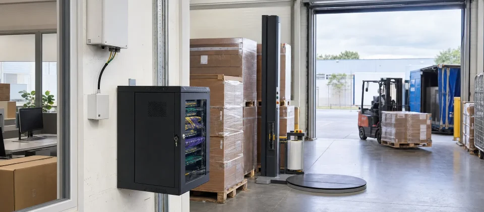 In een magazijnomgeving staat een netwerk kast naast de laadzone als basis voor zakelijk internet en VoIP.