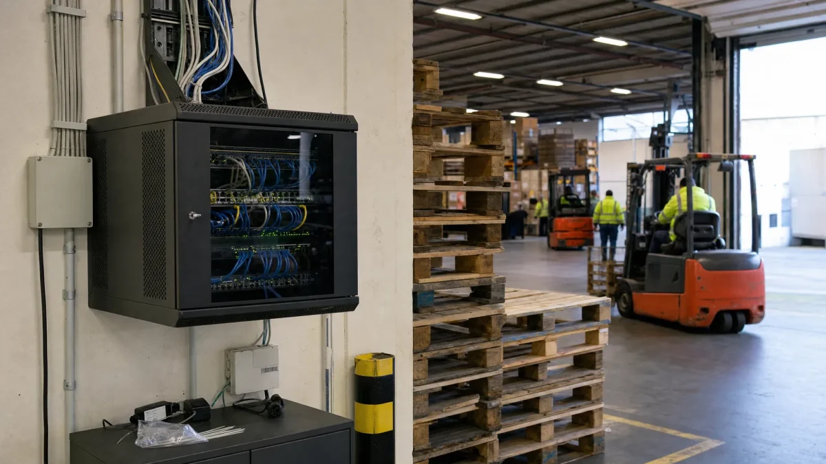 Netwerkkast en kabelinvoer naast een laadperron in een Tilburgse loods voor bedrijfsconnectiviteit.