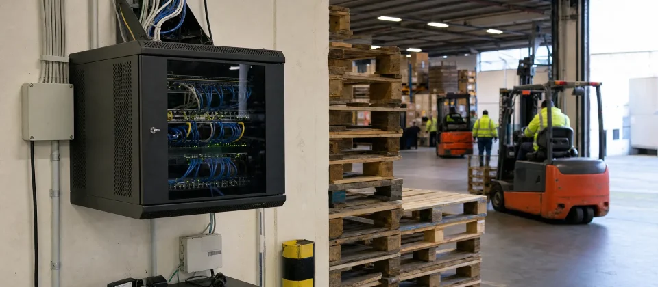 Netwerkkast en kabelinvoer naast een laadperron in een Tilburgse loods voor bedrijfsconnectiviteit.