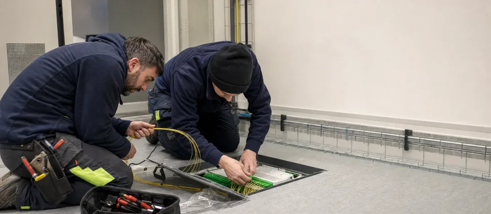Twee technici werken aan glasvezel in een technische ruimte voor zakelijke VoIP-telefonie.