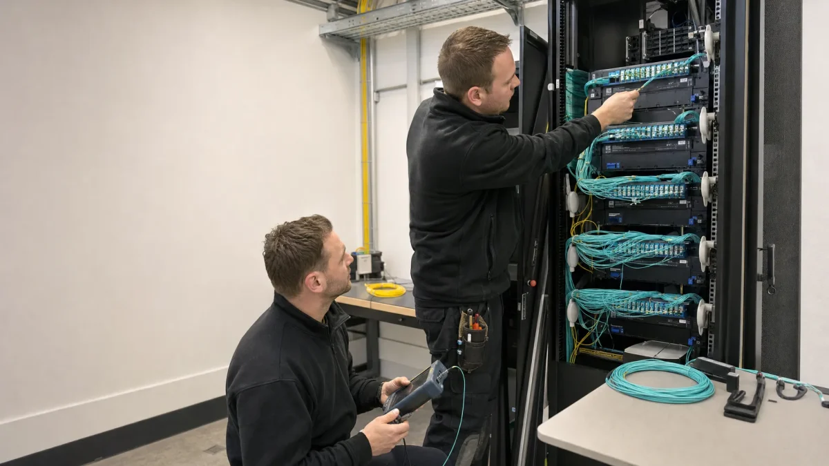 Twee technici werken samen in een technische ruimte aan een rack en patchpanel voor zakelijke glasvezel.