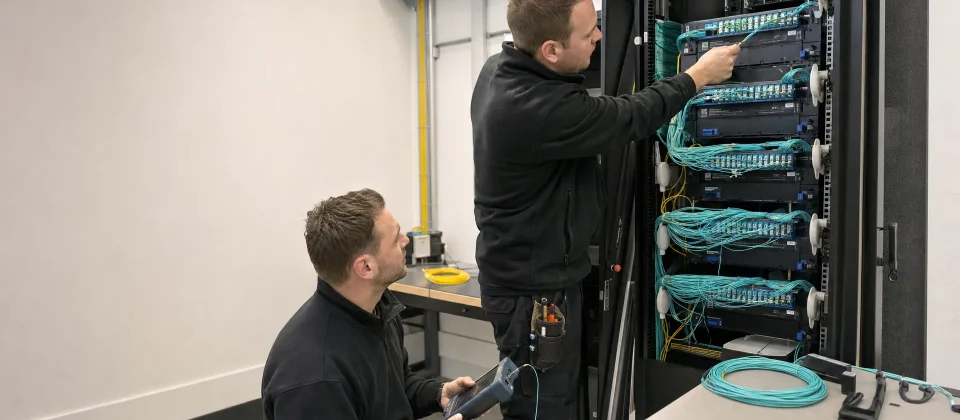 Twee technici werken samen in een technische ruimte aan een rack en patchpanel voor zakelijke glasvezel.