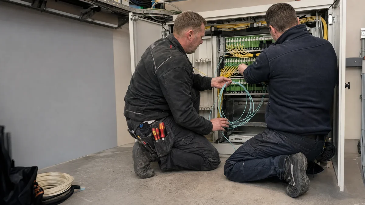 Twee technici werken samen in een technische ruimte aan een open patchveld voor zakelijke glasvezel.