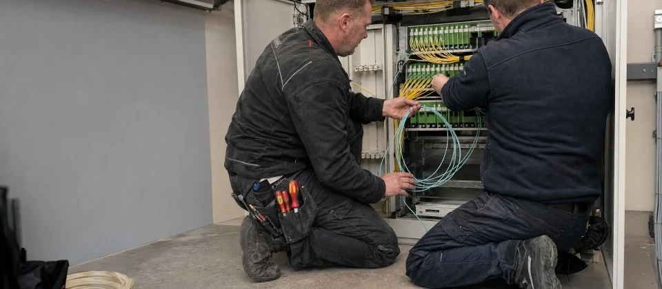 Twee technici werken samen in een technische ruimte aan een open patchveld voor zakelijke glasvezel.
