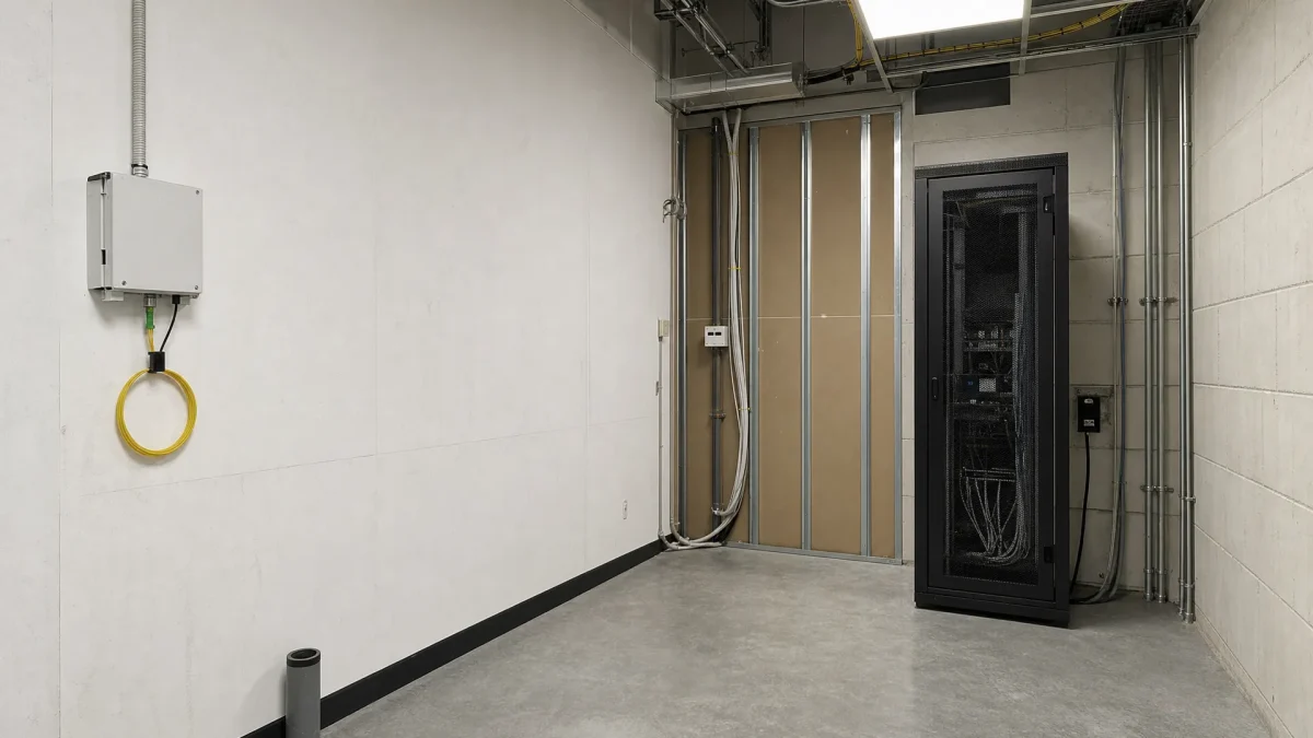 A utility room in a Tilburg business building shows the planned landing point for a new fibre connection.