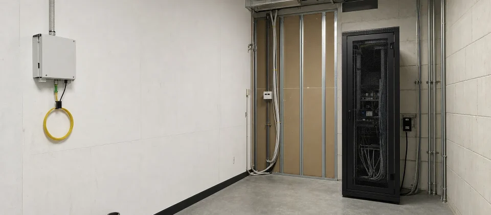 A utility room in a Tilburg business building shows the planned landing point for a new fibre connection.