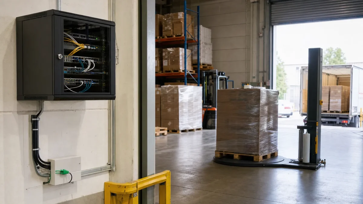 A warehouse office edge shows fibre infrastructure supporting everyday bandbreedte.