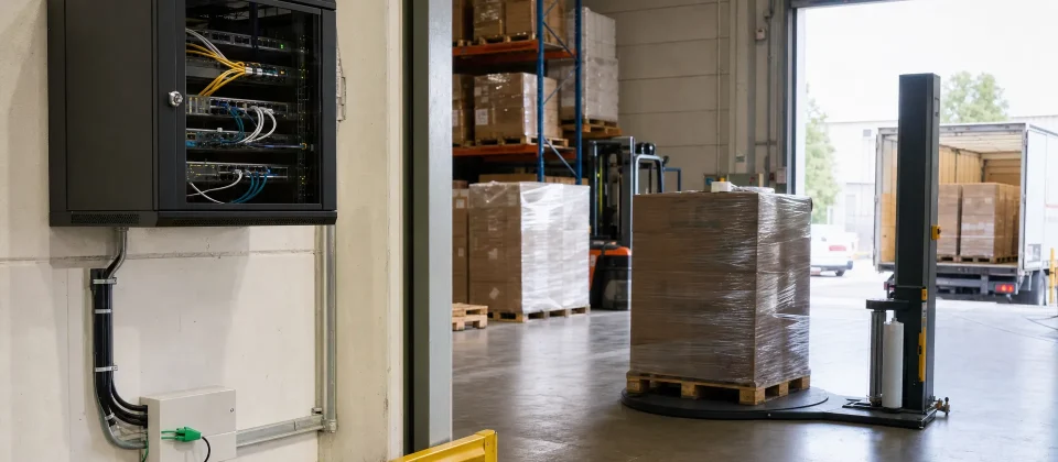 A warehouse office edge shows fibre infrastructure supporting everyday bandbreedte.