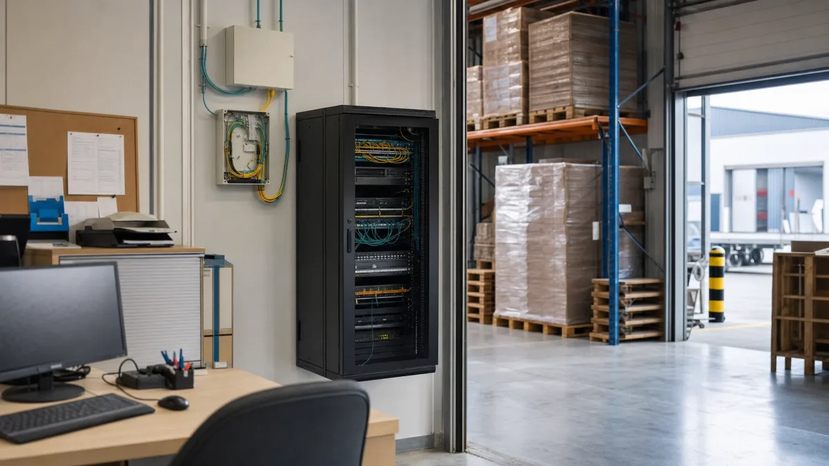 A warehouse office edge with a fibre entry cabinet beside loading bay activity, showing connectivity in everyday use.