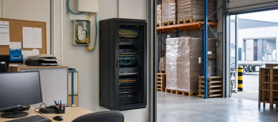 A warehouse office edge with a fibre entry cabinet beside loading bay activity, showing connectivity in everyday use.