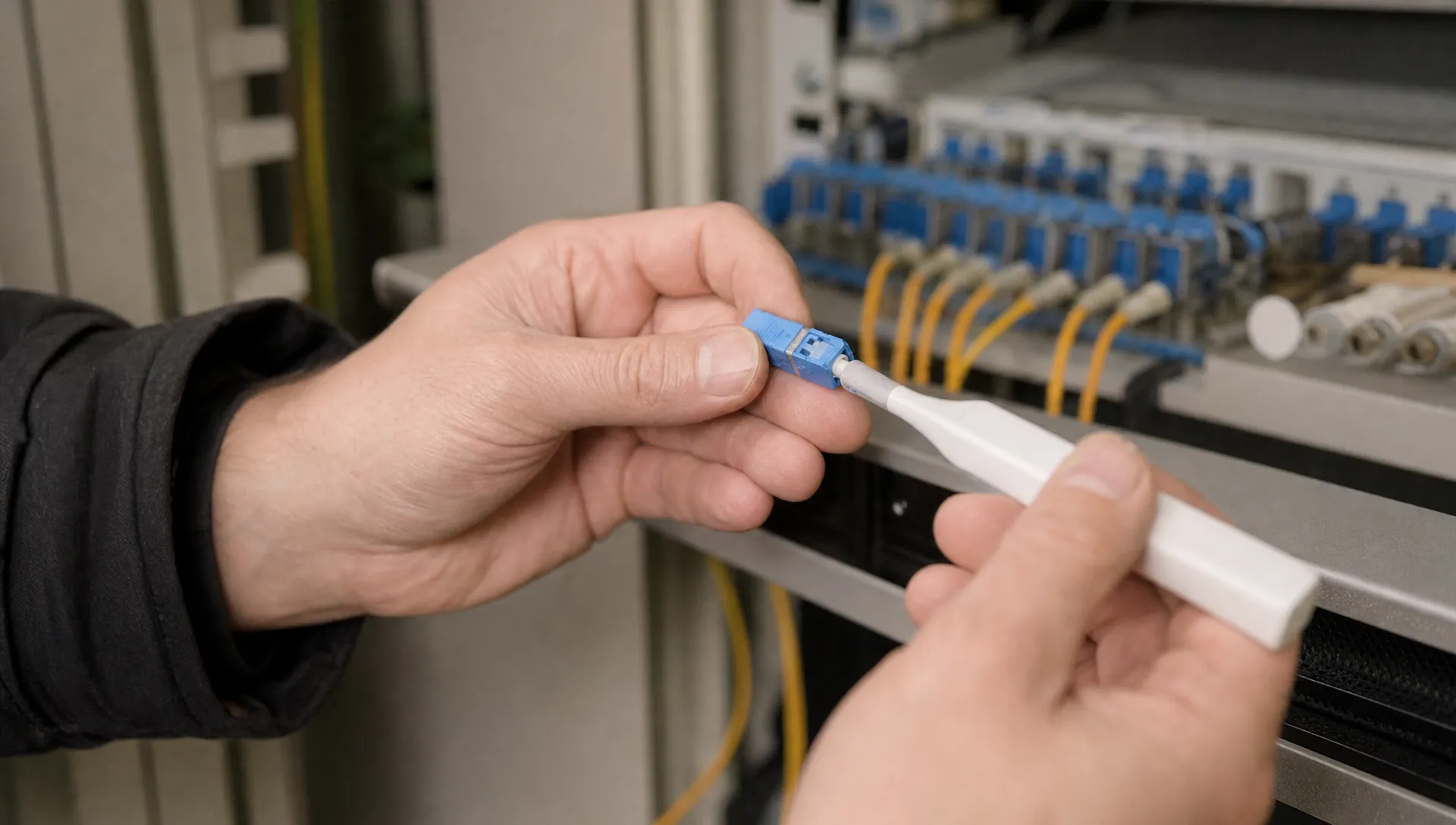 Close-up van de handen van één monteur die een glasvezelconnector reinigt in een technische ruimte in Tilburg, met een patchpaneel onscherp op de achtergrond.