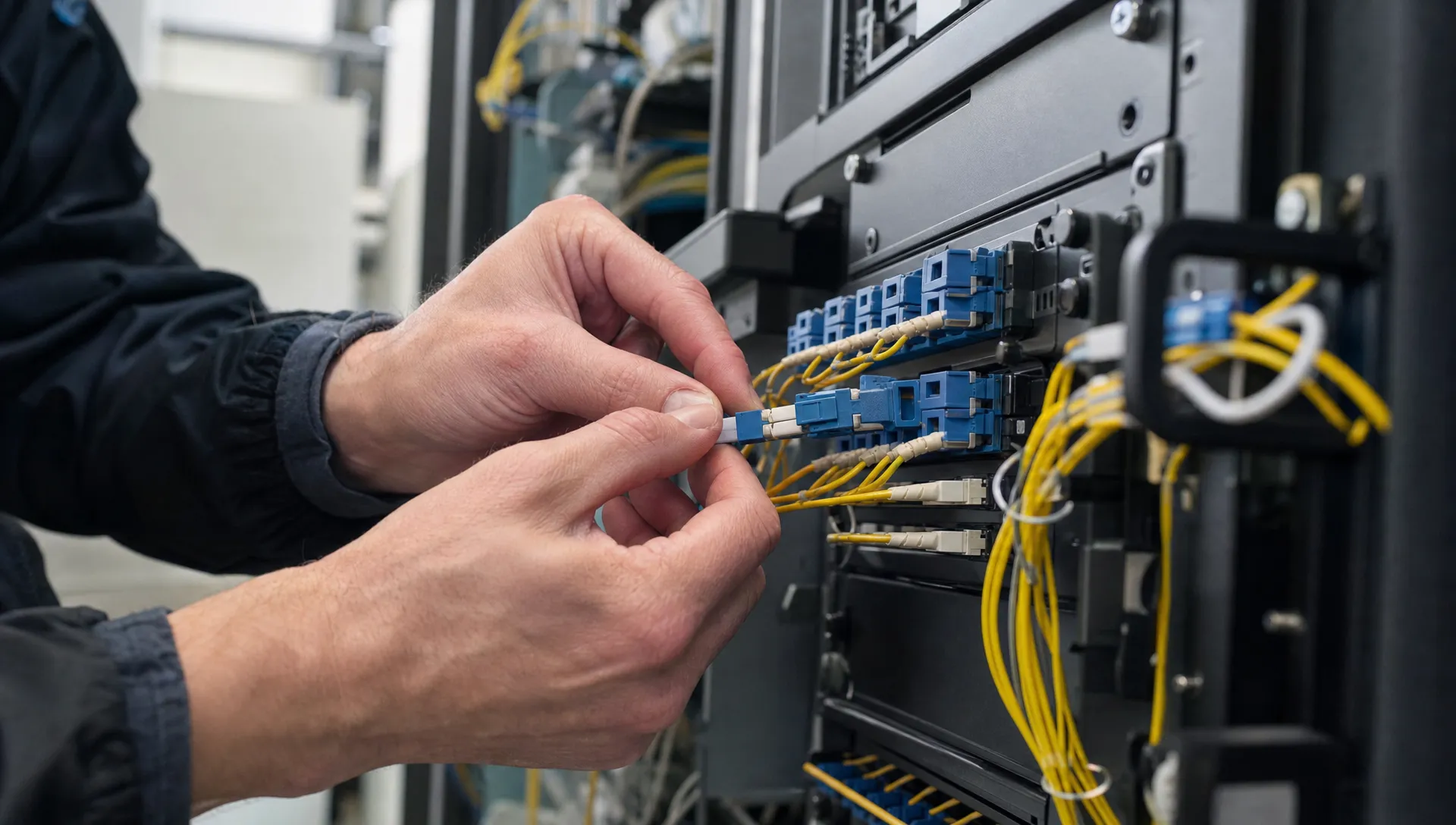 Close-up van de handen van een monteur die een glasvezelconnector in een patchpaneel aansluit in de technische ruimte van een bedrijfspand.