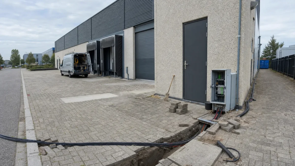 Een bedrijfsgebouw op een Tilburgs bedrijventerrein met een geopende glasvezelroute in het trottoir en twee zichtbare kabeltrajecten naar verschillende kanten.